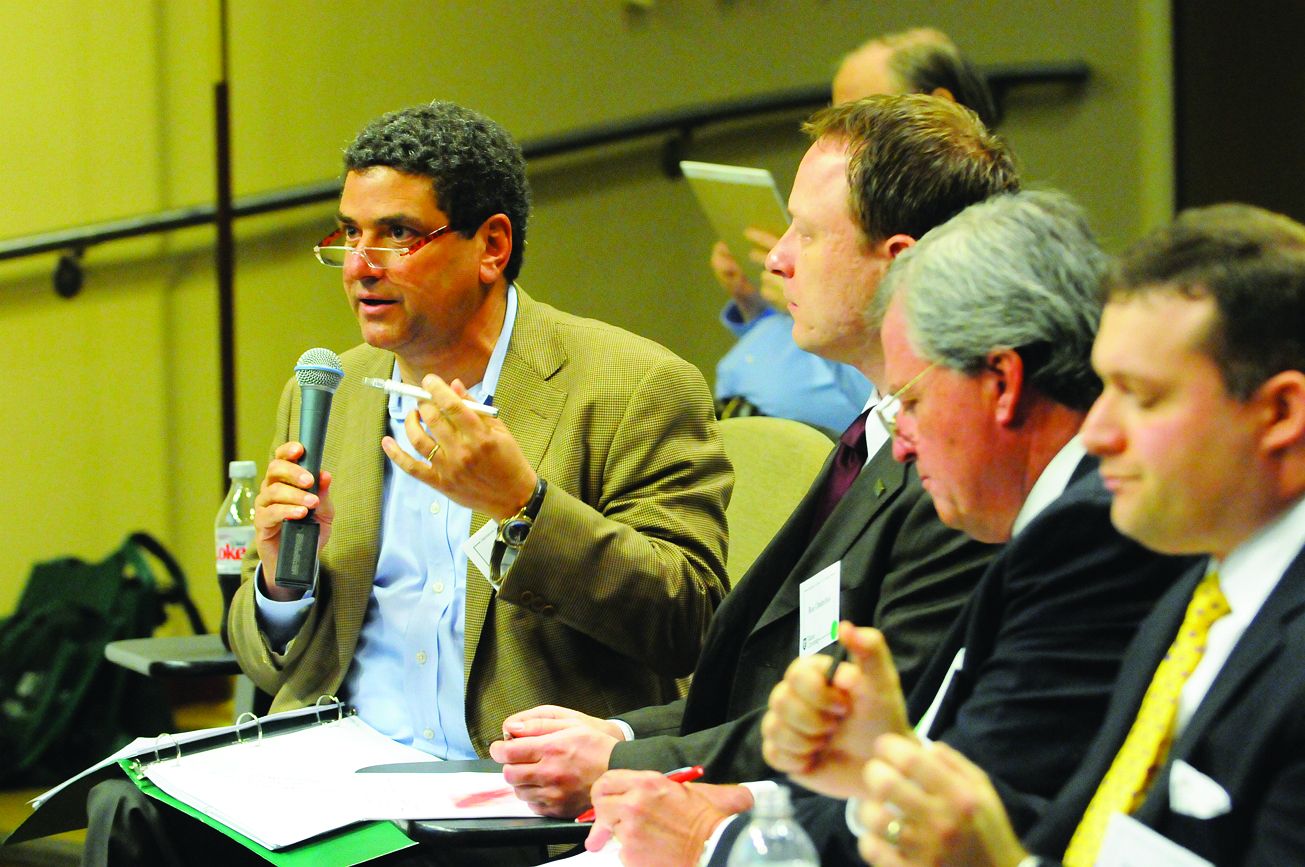 Business Competition Business Plan Competition judge Gary Solomon, left, asks a question during the business innovation presentations. Also serving as judges in the business innovation track were, left to right, Ron Ondechek, Jimmy Maurin and Ralph Maurer. Not pictured are Crichton Brown and Rick Conway